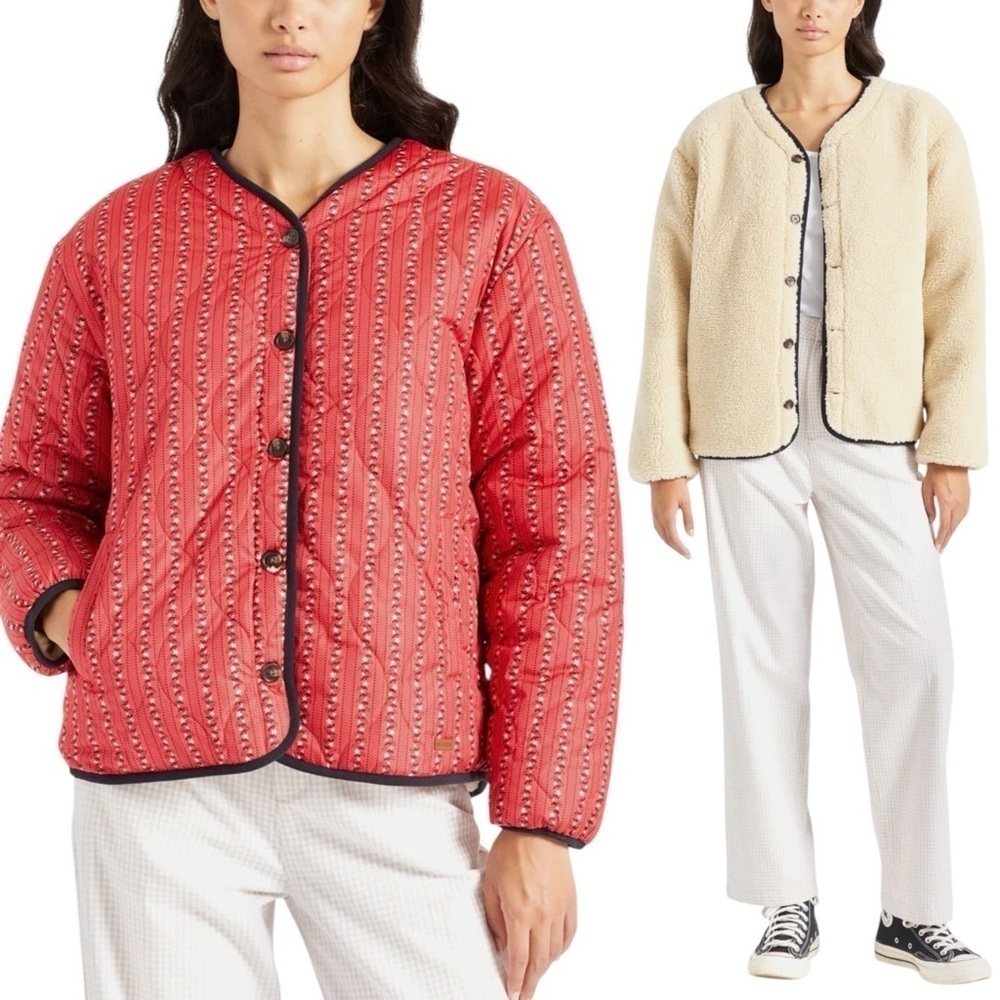 BRIXTON Reversible Faux Shearling‎ Quilted Jacket in Mars Red Prairie Floral
